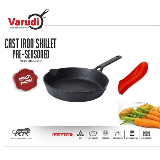 Varudi Cast Iron Fry Pan (20 cm) Skillet Long Handle With Silicon Grip Fry Pan 37 cm, 20 cm diameter 1 L capacity (Cast Iron)