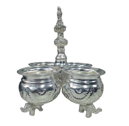 German Silver 4 Cups Panchwala Haldi Kumkum Holder – Decorative Puja Showpiece & Gift