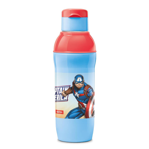 Milton Marvel Steel Slim 600 Insulated Inner Steel Water Bottle for School Kids,Leak Proof FlipTop Lid,Easy to Carry Loop,Insulated Thermo Sipper Bottle for Kids,520 ml,Sky Blue(Captain America print)