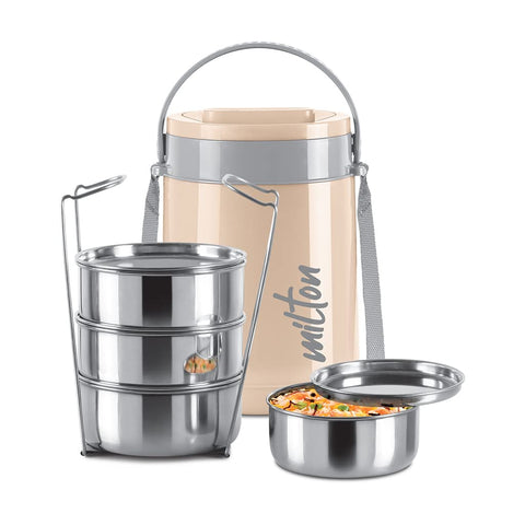 MILTON Classic Stainless Steel Tiffin With Lifter, 4 Container, 300 ml Each, Ivory | PU Insulated | Food Grade | Easy To Carry | Hot & Cold | Office | Outdoors | Food Grade, Cream