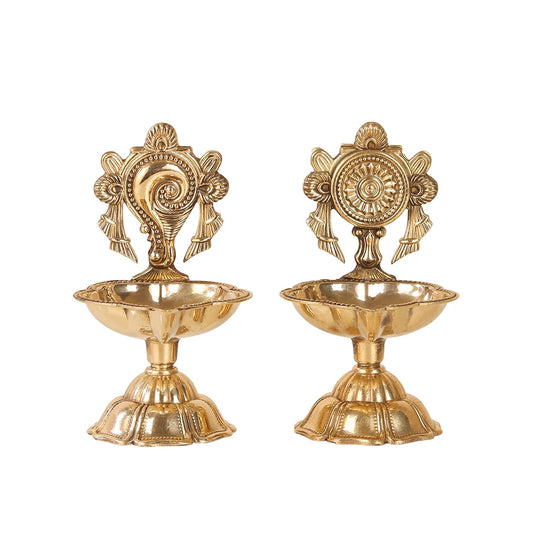 Agromech Handicraft Shankh Chakra Kuber Deep/Diya Brass (Pack of 2) Table Diya Set