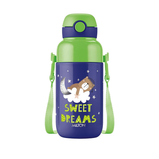 Milton Steel Indus 400 Thermoware PU Insulated, 390 ml Water Bottle with Straw for Kids, Leak Proof Flip Top Sipper Lid Bottle, School, Picnic, Easy to Carry Belt, Dark Blue