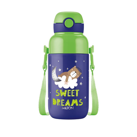 Milton Steel Indus 400 Thermoware PU Insulated, 390 ml Water Bottle with Straw for Kids, Leak Proof Flip Top Sipper Lid Bottle, School, Picnic, Easy to Carry Belt, Dark Blue