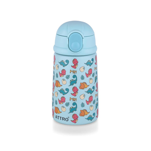 ATTRO Jolly Vacuum Insulated Stainless Steel Kids Water Bottle, 330ml – Leakproof, BPA-Free, Long Temperature Retention, Easy-to-Carry, Cute Dino Fun Blue Print for School & Travel