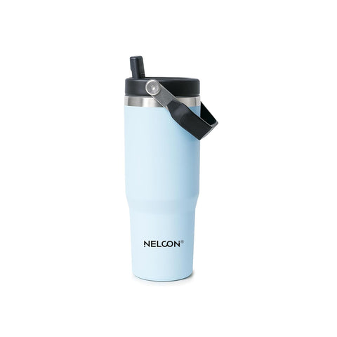 NELCON SS 900 ml Travel Mate Double Walled Vacuum Insulated Water Tumbler with Straw | Ergonomic Handle | Hot & Cold (Pack of 1, Sky Blue)