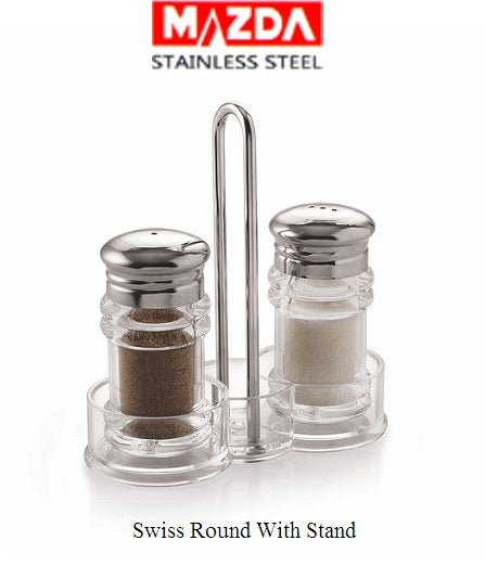 Mazda Stainless Steel & Glass Salt & Pepper Round With Swiss Stand