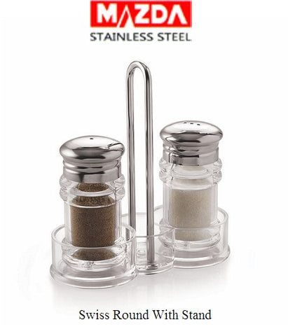 Mazda Stainless Steel & Glass Salt & Pepper Round With Swiss Stand