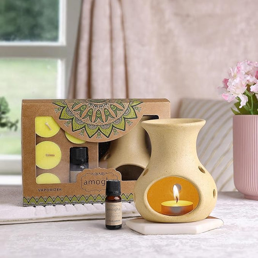 Amogha Ceramic Fragrance Vaporizer with 4 Tealights and 10Ml Vaporizer Oil (Lemon Grass)