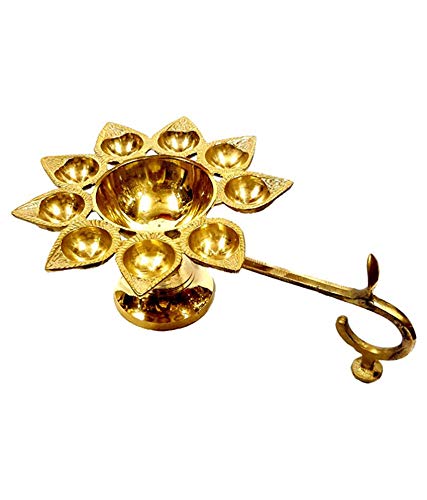 Brass Punch Aarti Diya/Deepak, 9 Batti & 1 Big Batti Aarti, Brass Table Diya Set