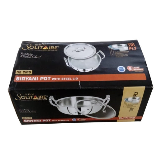 CDM Solitaire Elantra Stainless Steel Biryani Pot 32cm with SS Lid | Heavy Duty Cooking Handi for Biryani, Rice, Pulao & Curry | Large Stainless Steel Kitchen Cooking Pot