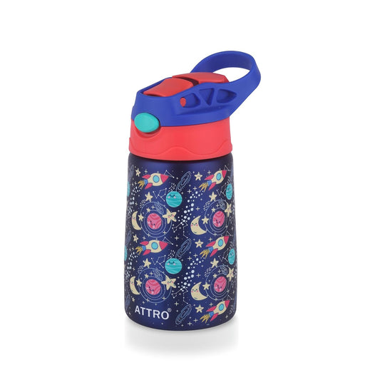 ATTRO Kinder Vacuum Insulated ISI certified Stainless Steel Water Bottle – 330ml, Leakproof, BPA-Free, Eye-Catchy Prints, Ideal for Kids School, Picnic, Travel & Daily Use – Galaxy Space Navy