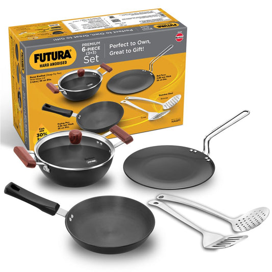 Futura HA 6pcs Cookware Set – 2L Kadhai, Frying Pan, Tava, Glass Lid, SS Skimmer & Turner with Induction Bottom