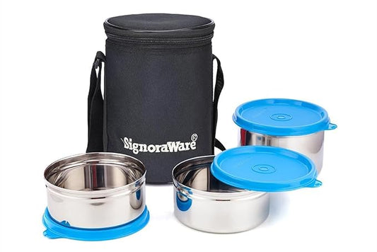 Signora Ware Executive Stainless Steel Lunch box with Bag | Dishwasher safe | Airtight & Leakproof | Great for Office, Hiking, Travelling & Outdoor use (350mlx2 + 500ml | Set of 3 | Blue)