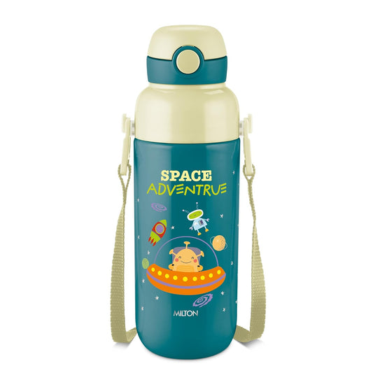Milton Steel Indus 600 Thermoware PU Insulated, 500 ml Water Bottle with Straw for Kids, Leak Proof Flip Top Sipper Lid Bottle, School, Picnic, Easy to Carry Belt, Dark Green