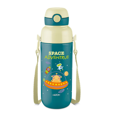 Milton Steel Indus 600 Thermoware PU Insulated, 500 ml Water Bottle with Straw for Kids, Leak Proof Flip Top Sipper Lid Bottle, School, Picnic, Easy to Carry Belt, Dark Green