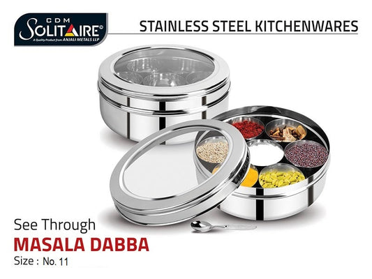 CDM Solitaire SS Masala Dabba No.11 for Kitchen See-Through Lid With 7 Containers, 1 Spoon
