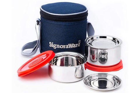 SignoraWare Executive Steel Small Lunch Box Set 2 With Bag (Container Size 350mlx1 | 500mlx1 | Red) Food Grade, BPA Free, Airtight, Leak Proof, Hot Cold