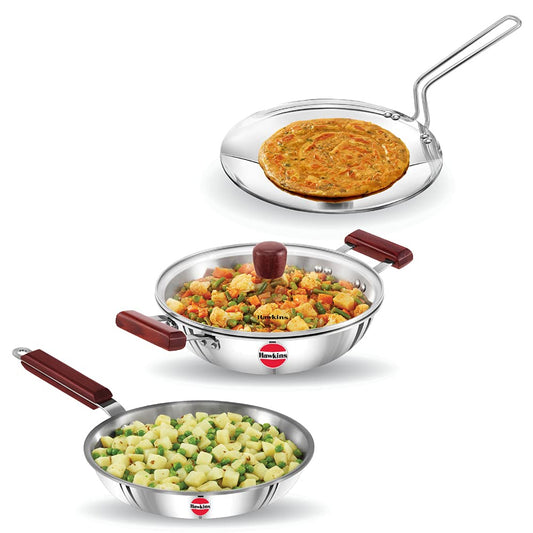 Triniti Triply SS Cookware 3pcs Set – Frying Pan, Tava & Deep-Fry Pan with Glass Lid, Induction Bottom