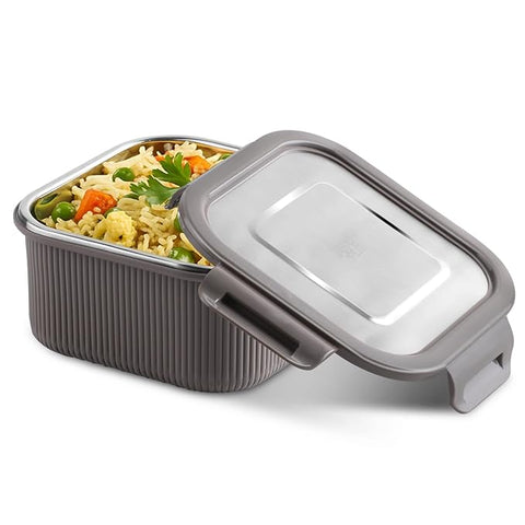 Jaypee Plus Ultima Micro Seal Microwave Safe Air Tight Food Storage Container 400 ml Inner Stainless Steel Rib Design Spillproof Lunch Box for School, Office, Ideal for Snacks and Meal,Mirror Grey