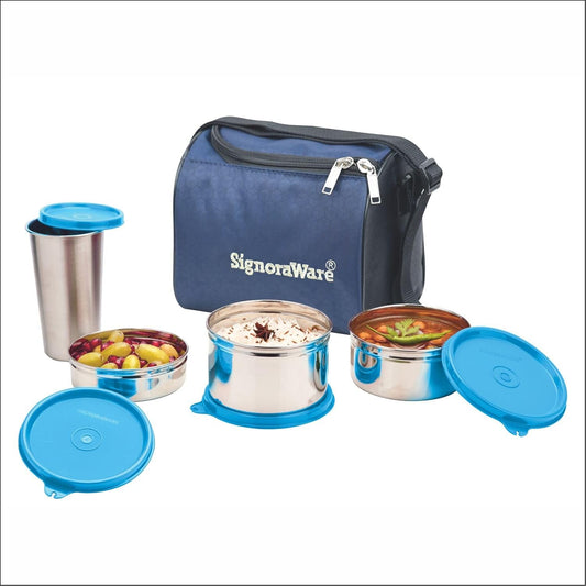 SignoraWare Stainless Steel Lunch Box with Bag | Airtight & Leakproof | Retain Freshness & Crispness | Perfect for Office Executives, College Students & Travelers (200ml+350ml+500ml+420ml | Blue)
