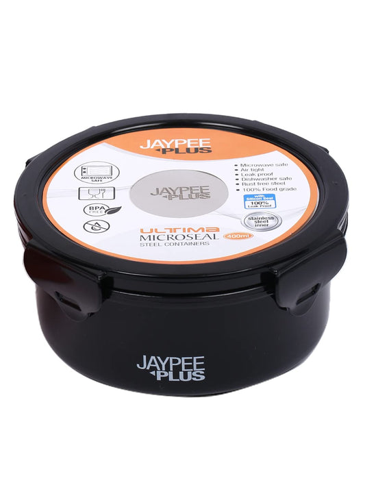 Jaypee Plus Ultima Microseal Inner Steel Microwave Safe Air Tight Container 400 ml Each | Food Grade Spillproof Stainless Steel Container Lunch Box Black