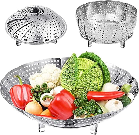 Mazda Vita Saver Stainless Steel Steamer Basket | Expandable Steamer for Cooking Vegetables, Momos, and More | Fits Various Pot Sizes | Rustproof and Durable | Dishwasher Safe(Silver)