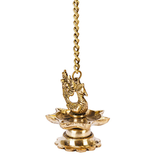 Brass Peacock 5 Wick Hanging Diya With Chain oil Lamp for Pooja