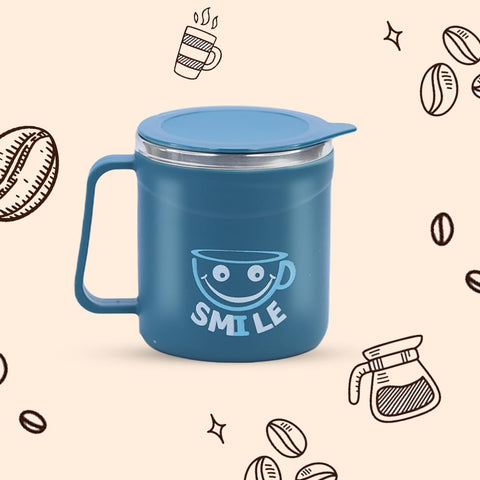 Happy Mug Comes with Double Wall Inner Stainless Still & Lid Stylish Cup Ideal for Hot Coffee, Tea - Blue - Plastic, 300 Ml