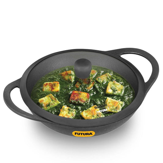 Futura Cast Iron Kadhai 3.5L with Glass Lid (CIK35G) – 37 cm Diameter, Durable & Even Heat Retention