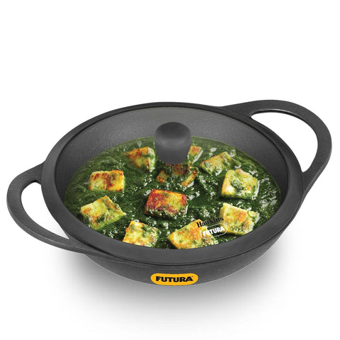 Futura Cast Iron Kadhai 3.5L with Glass Lid (CIK35G) – 37 cm Diameter, Durable & Even Heat Retention