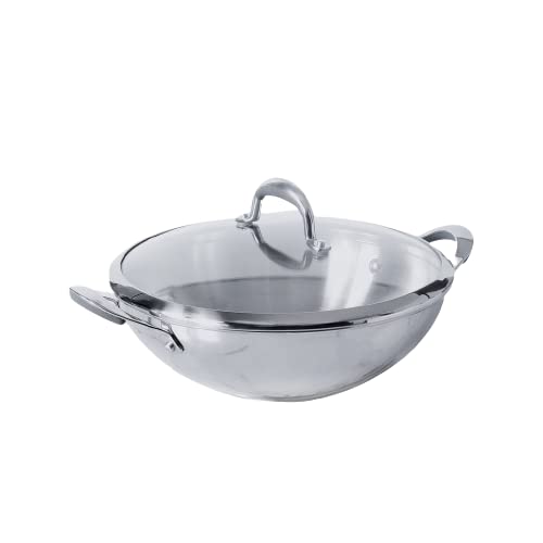 Meyer Select Nickel Free Stainless Steel Kadai | Kadhai with Glass Lid | Steel Kadai with Triply Base for Deep Frying| Gas and Induction Compatible, 30cm/ 4 Liters, Silver