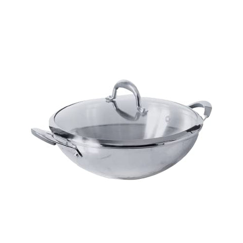 Meyer Select Nickel Free Stainless Steel Kadai | Kadhai with Glass Lid | Steel Kadai with Triply Base for Deep Frying| Gas and Induction Compatible, 30cm/ 4 Liters, Silver