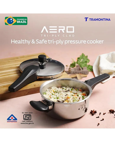 Tramontina Aero Arc 2L Tri-Ply Stainless Steel Pressure Pan | Compact Multi-Purpose | Food-Grade SS304 | 3-Layer Safety | Gas & Induction Compatible | Easy-Close Lid | Inner Markings.