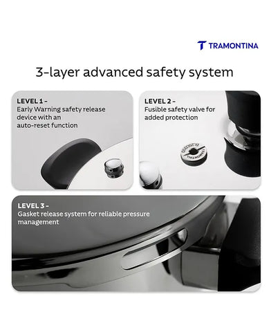 Tramontina Aero Arc 2L Tri-Ply Stainless Steel Pressure Pan | Compact Multi-Purpose | Food-Grade SS304 | 3-Layer Safety | Gas & Induction Compatible | Easy-Close Lid | Inner Markings.