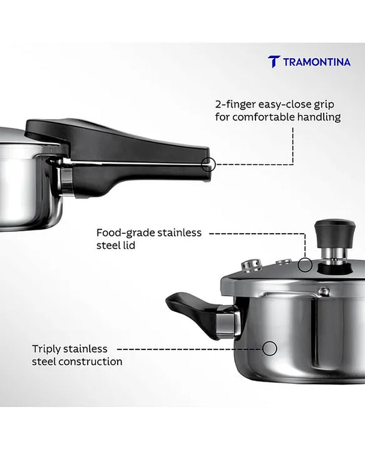 Tramontina Aero Arc 2L Tri-Ply Stainless Steel Pressure Pan | Compact Multi-Purpose | Food-Grade SS304 | 3-Layer Safety | Gas & Induction Compatible | Easy-Close Lid | Inner Markings.