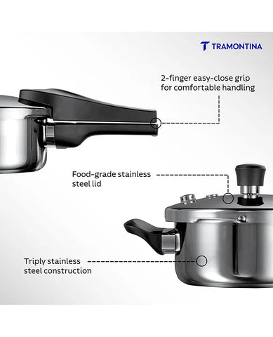 Tramontina Aero Arc 2L Tri-Ply Stainless Steel Pressure Pan | Compact Multi-Purpose | Food-Grade SS304 | 3-Layer Safety | Gas & Induction Compatible | Easy-Close Lid | Inner Markings.