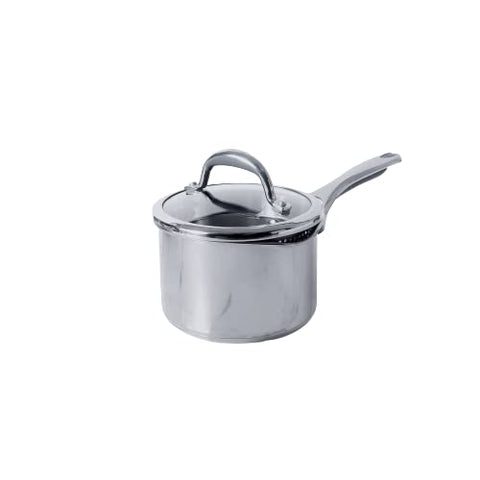 Meyer Select Nickel Free Stainless Steel Saucepan | Sauce pan with triply Base| Sauce Pot with Straining Glass Lid |Milk pan with Lid | Gas and Induction Compatible, 16cm/ 1.4 Liters, Silver