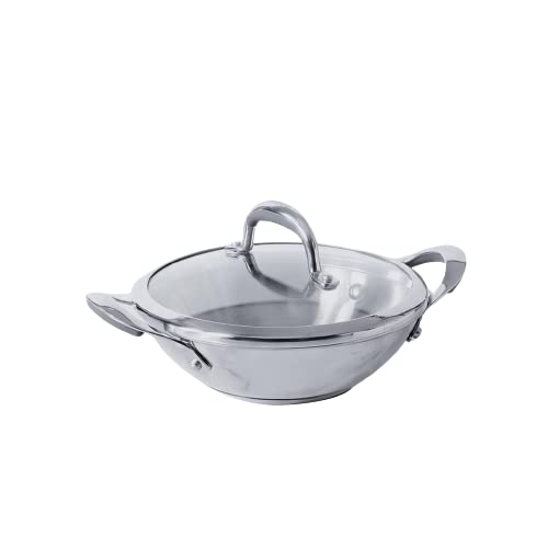 Meyer Select Nickel Free Stainless Steel Kadai with Glass Lid | Steel Kadhai with Triply Base for Deep Frying | Gas and Induction Compatible, 24cm/ 2.61 Liters, Silver