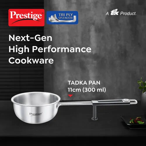 Prestige 11cm/300ml Tri-Ply Stainless Steel Splendor Tadka Pan| Gas & Induction Compatible| Rimmed Edge| In-Built Stand| Heat Resistance Handle| Thick Gauge| Life Time Warranty