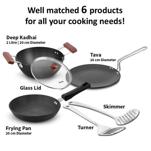 Futura HA 6pcs Cookware Set – 2L Kadhai, Frying Pan, Tava, Glass Lid, SS Skimmer & Turner with Induction Bottom