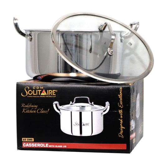 Elantra Triply Series Cookware Casserole 22 CM with Glass Lid Serve Casserole (1000 ml)