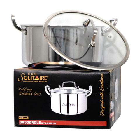 Elantra Triply Series Cookware Casserole 22 CM with Glass Lid Serve Casserole (1000 ml)