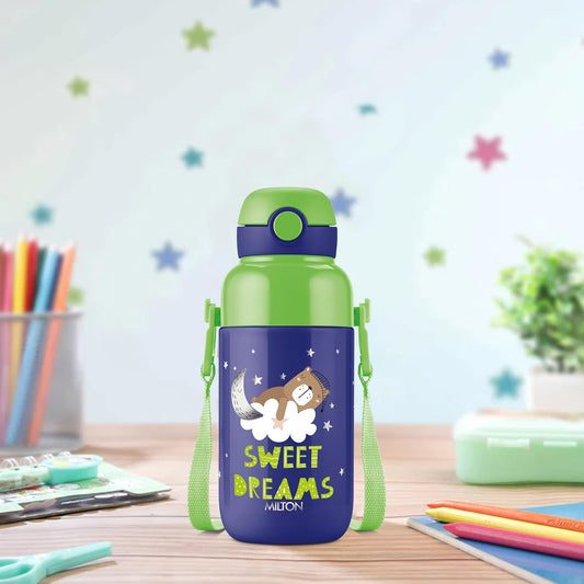 Milton Steel Indus 400 Thermoware PU Insulated, 390 ml Water Bottle with Straw for Kids, Leak Proof Flip Top Sipper Lid Bottle, School, Picnic, Easy to Carry Belt, Dark Blue