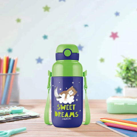 Milton Steel Indus 400 Thermoware PU Insulated, 390 ml Water Bottle with Straw for Kids, Leak Proof Flip Top Sipper Lid Bottle, School, Picnic, Easy to Carry Belt, Dark Blue