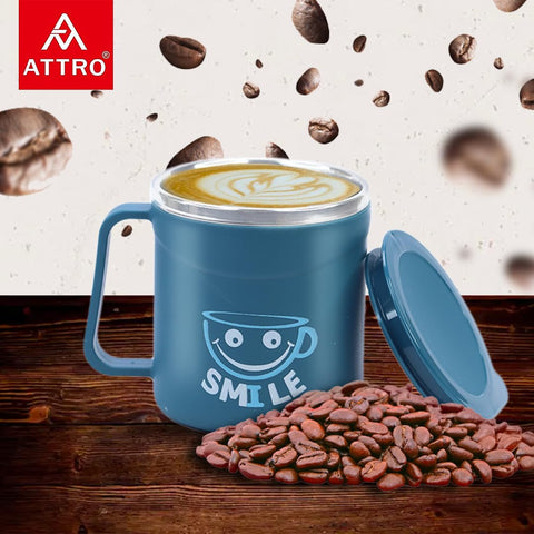 Happy Mug Comes with Double Wall Inner Stainless Still & Lid Stylish Cup Ideal for Hot Coffee, Tea - Blue - Plastic, 300 Ml