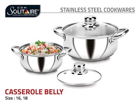 CDM Solitaire SS Casserole Belly IB (2pcs)set With Glass Lid