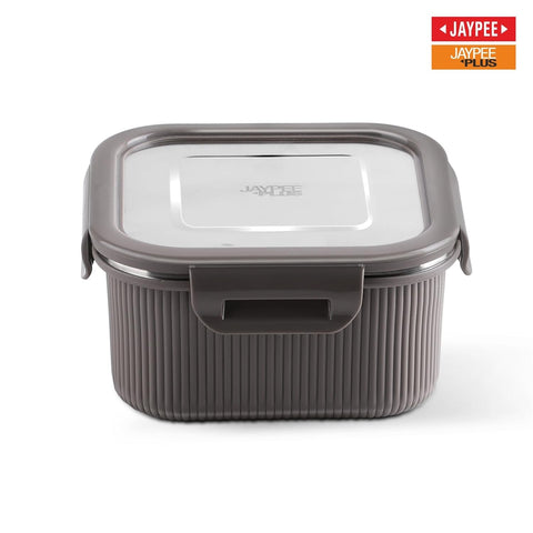 Jaypee Plus Ultima Micro Seal Microwave Safe Air Tight Food Storage Container 400 ml Inner Stainless Steel Rib Design Spillproof Lunch Box for School, Office, Ideal for Snacks and Meal,Mirror Grey
