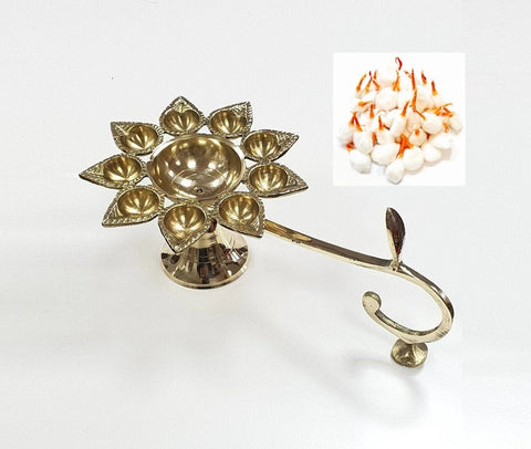 Brass Punch Aarti Diya/Deepak, 9 Batti & 1 Big Batti Aarti, Brass Table Diya Set