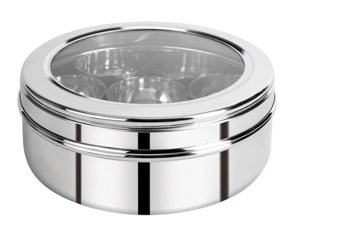 CDM Solitaire SS Masala Dabba No.11 for Kitchen See-Through Lid With 7 Containers, 1 Spoon