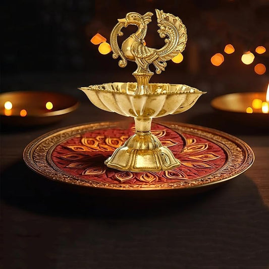 Peacock Design Brass Diya | Traditional Oil Lamp for Pooja | Kuthu Vilakku Decoration Items for Home Decor